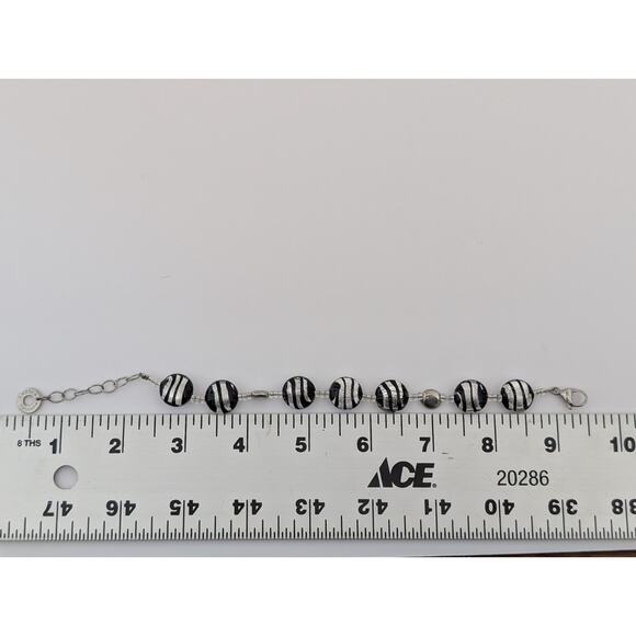 Murrina Amtica Glass Bracelet Black White Silver Zebra Stripe Adjustable Chain - Picture 5 of 6